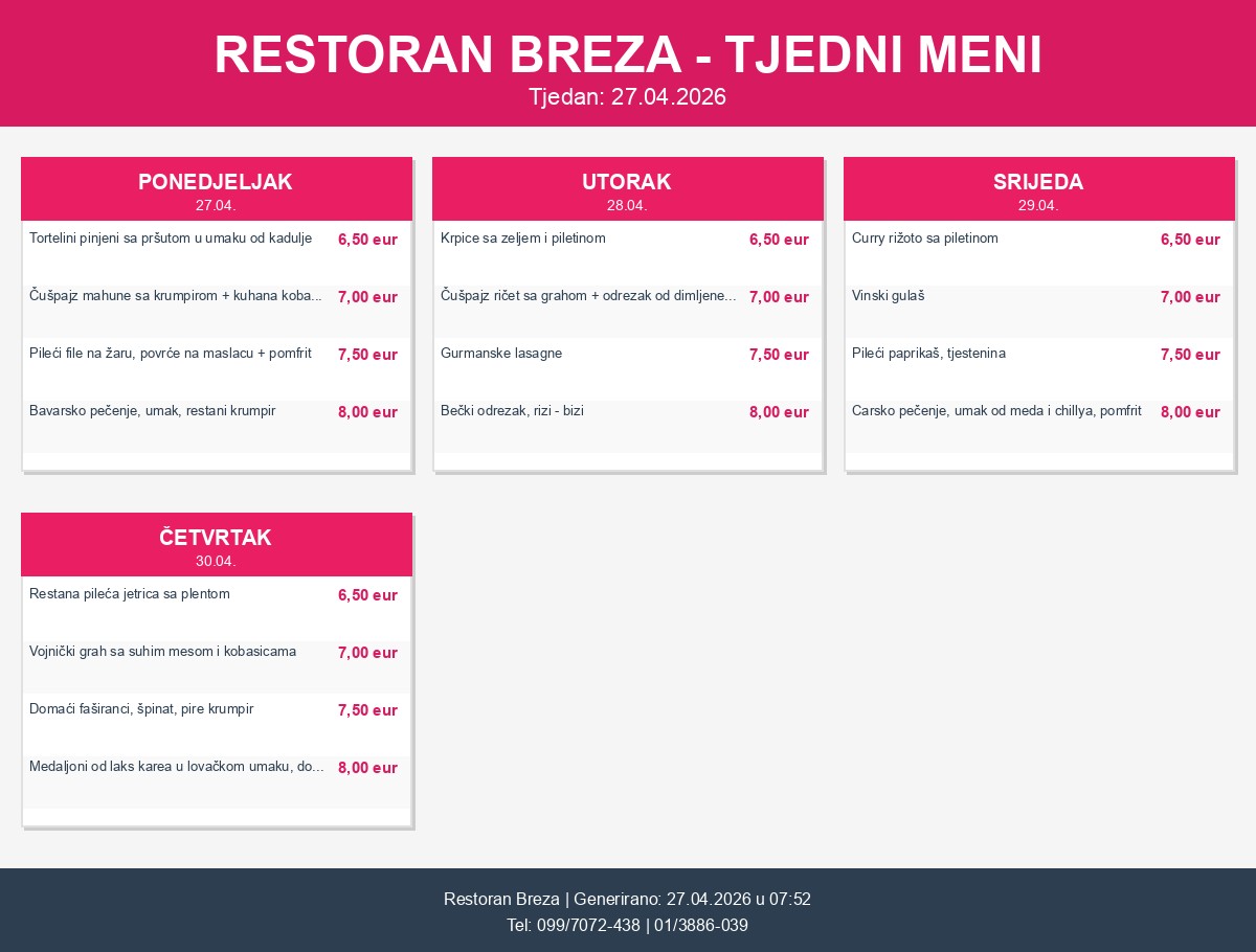 Tjedni jelovnik restoran Breza Samobor - gableci ponuda