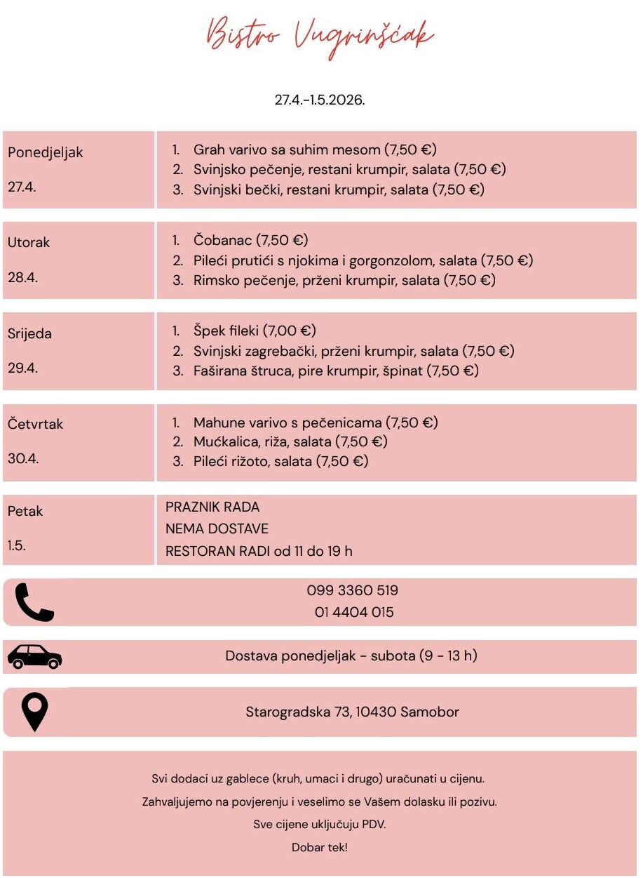 Tjedni jelovnik restoran Vugrinscak Samobor - gableci ponuda